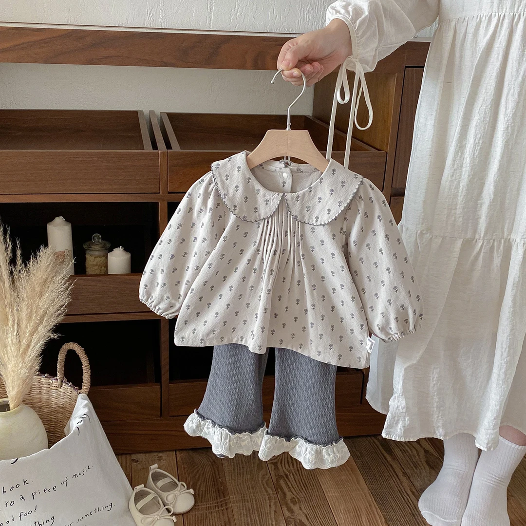 女童2025秋季新款婴幼儿洋气分体套装女宝宝满印衬衫喇叭裤两件套