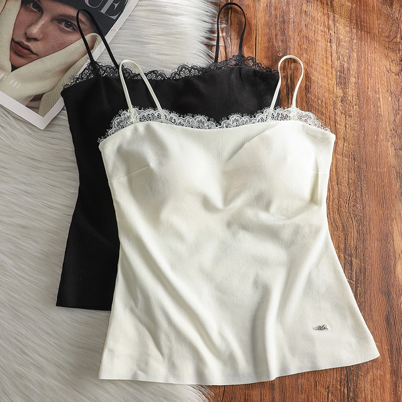 法式蕾丝保暖背心女2025新款带胸垫加绒吊带内搭外穿秋冬打底上衣