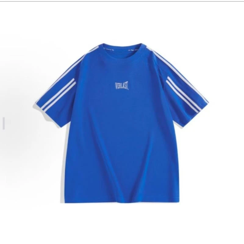 【PB剪标】A058蓝色字母条纹圆领宽松短袖  男款