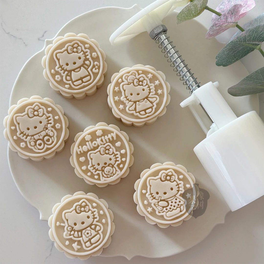 50g花型KT猫绿豆糕模具 卡通猫咪中秋节月饼模具 蝴蝶结小猫压模