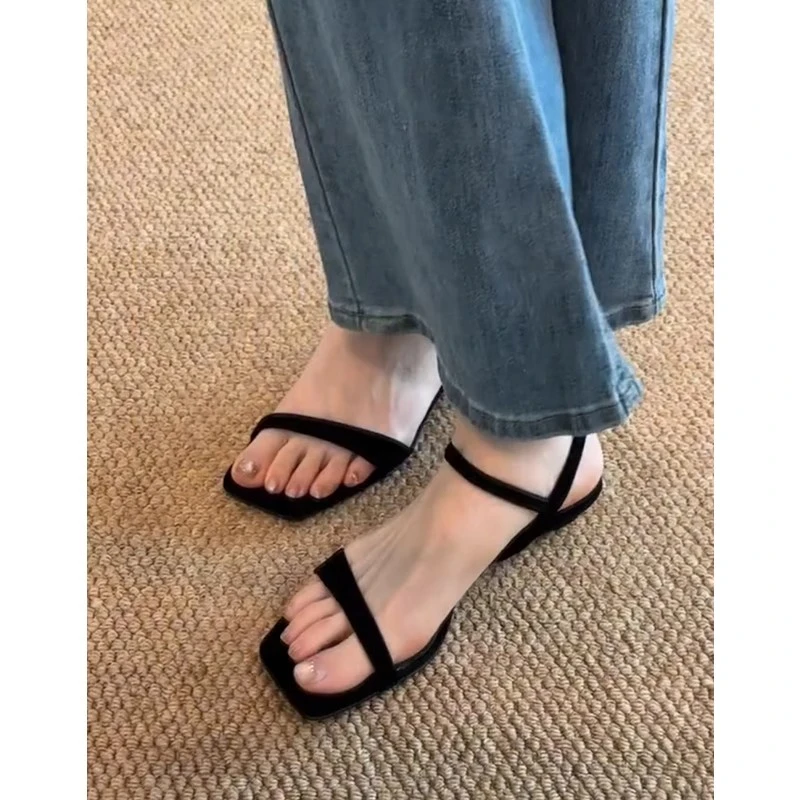 羊皮版~法式简约方头一字带露趾凉鞋女仙女风真皮气质坡跟罗马鞋