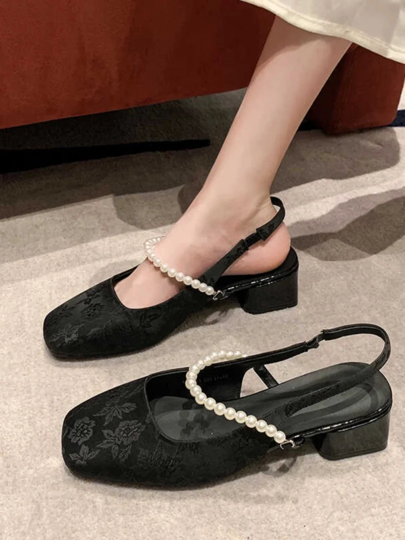 包头凉鞋女2025夏季新款粗跟浅口单鞋法式珍珠玛丽珍鞋方头1310