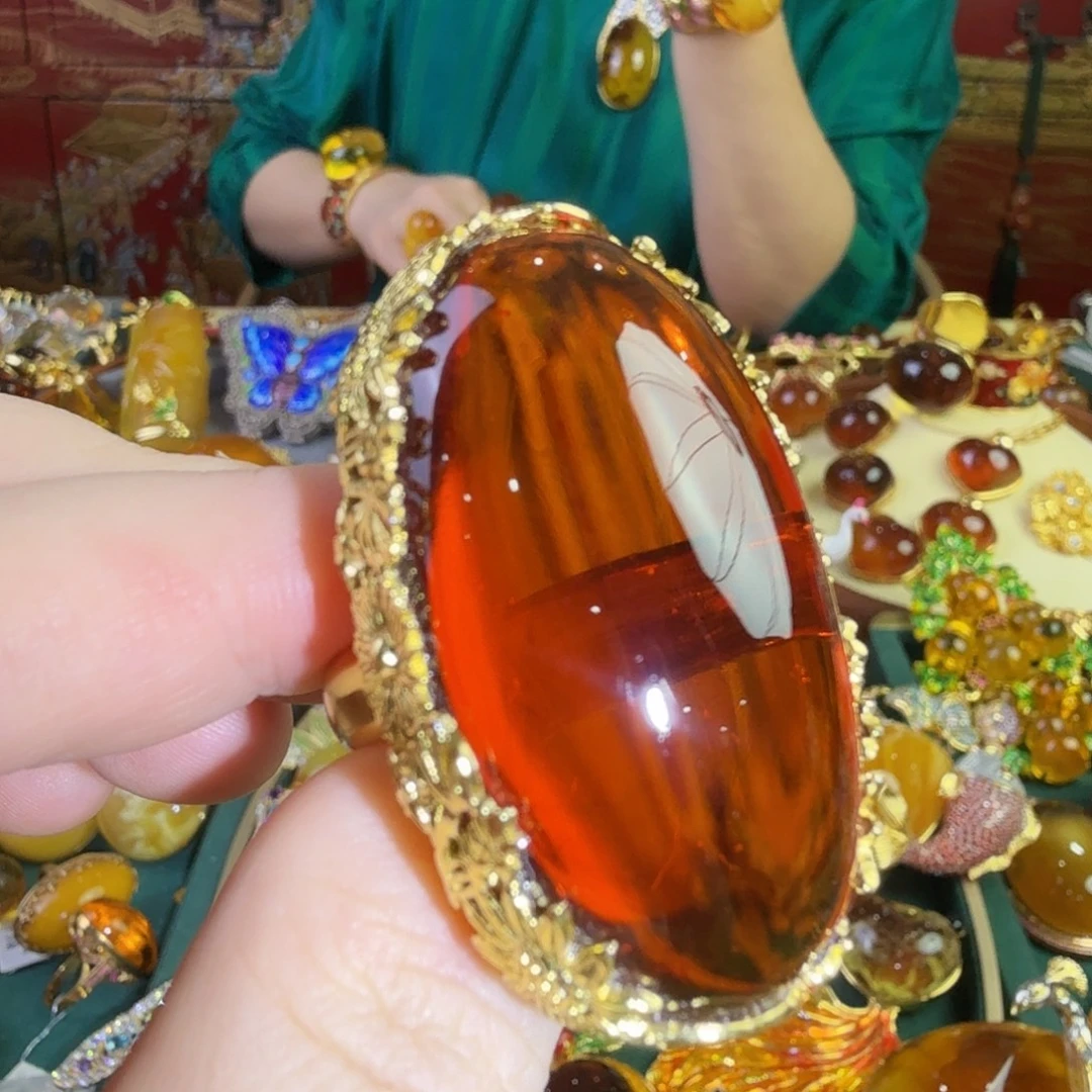 血珀银S925镀金镶嵌戒指