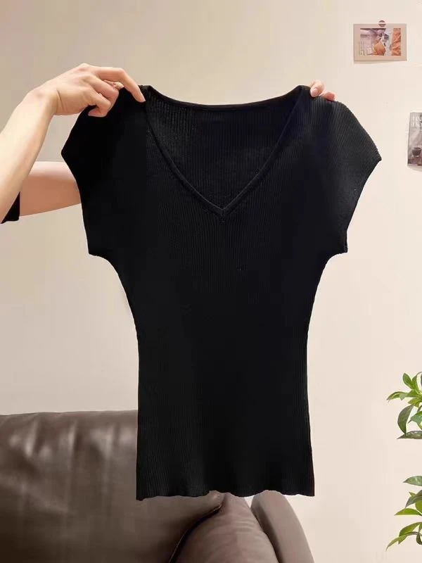 短袖纯色V领INS风不起球毛针织衫短款显瘦网红针织衫韩版夏季