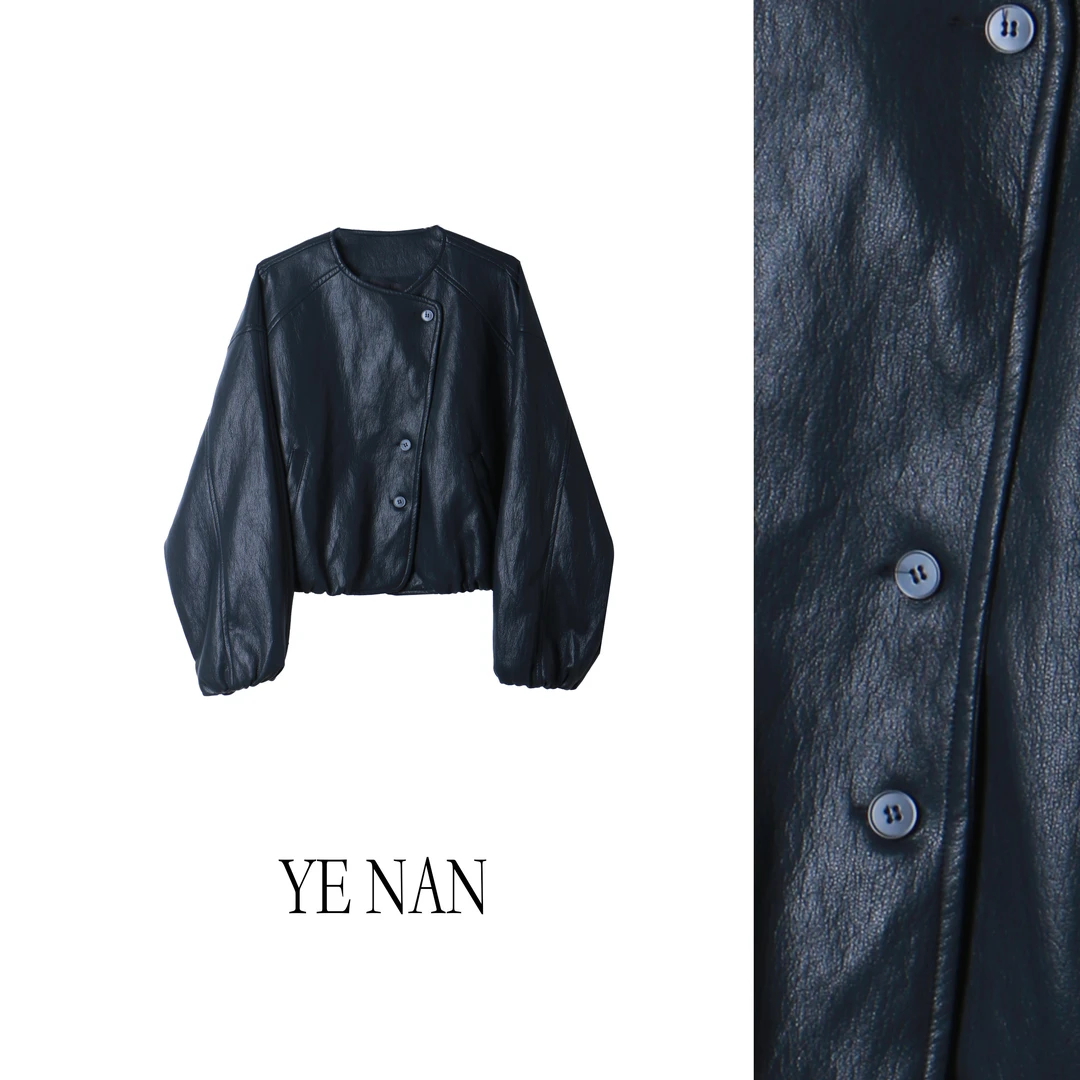 欧洲站圆领灯笼袖A字版显瘦水洗蛋白PU皮衣洋气韩版外套SY281