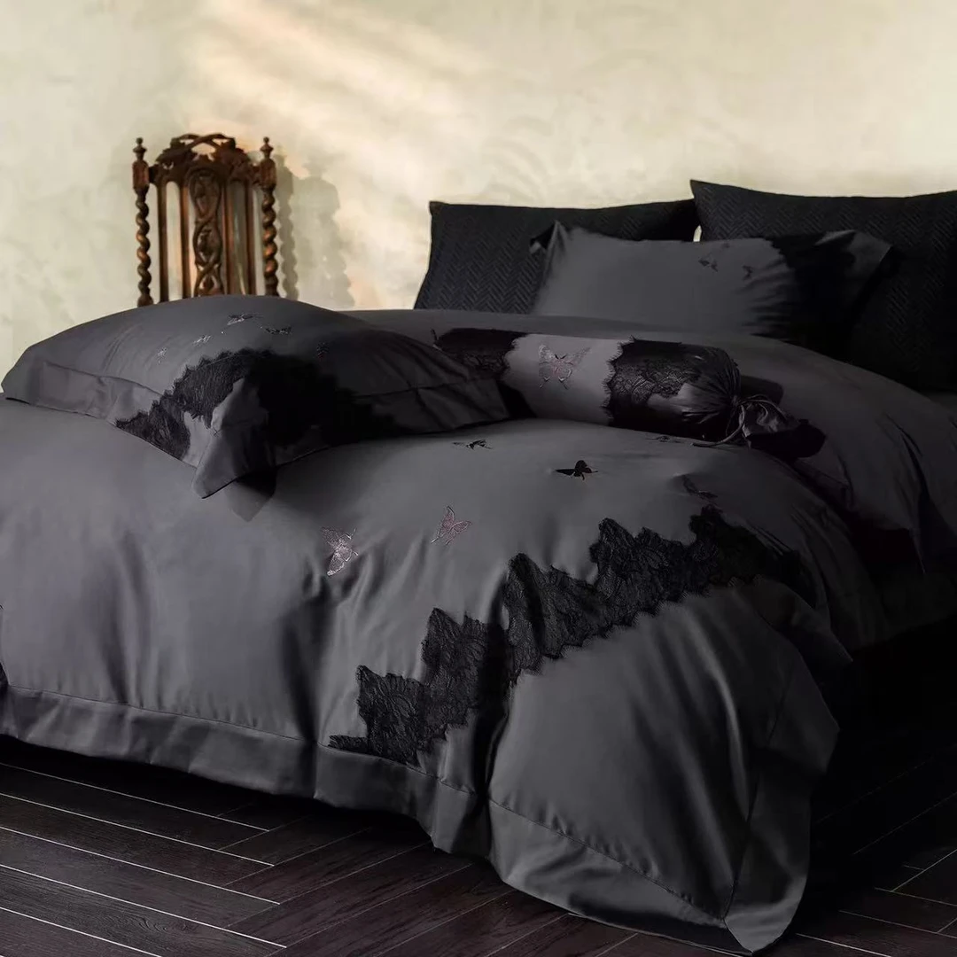 高级感复古法式轻奢蝴蝶刺绣100支长绒棉黑色四件套纯棉贡缎床单4