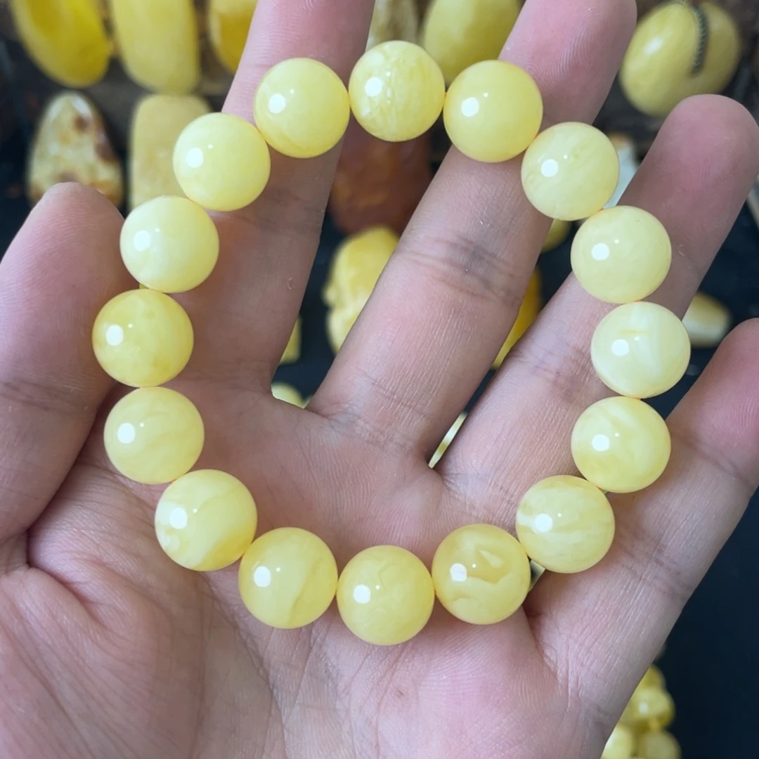 琥珀未镶嵌手串12+俄料黄白花圆珠手串