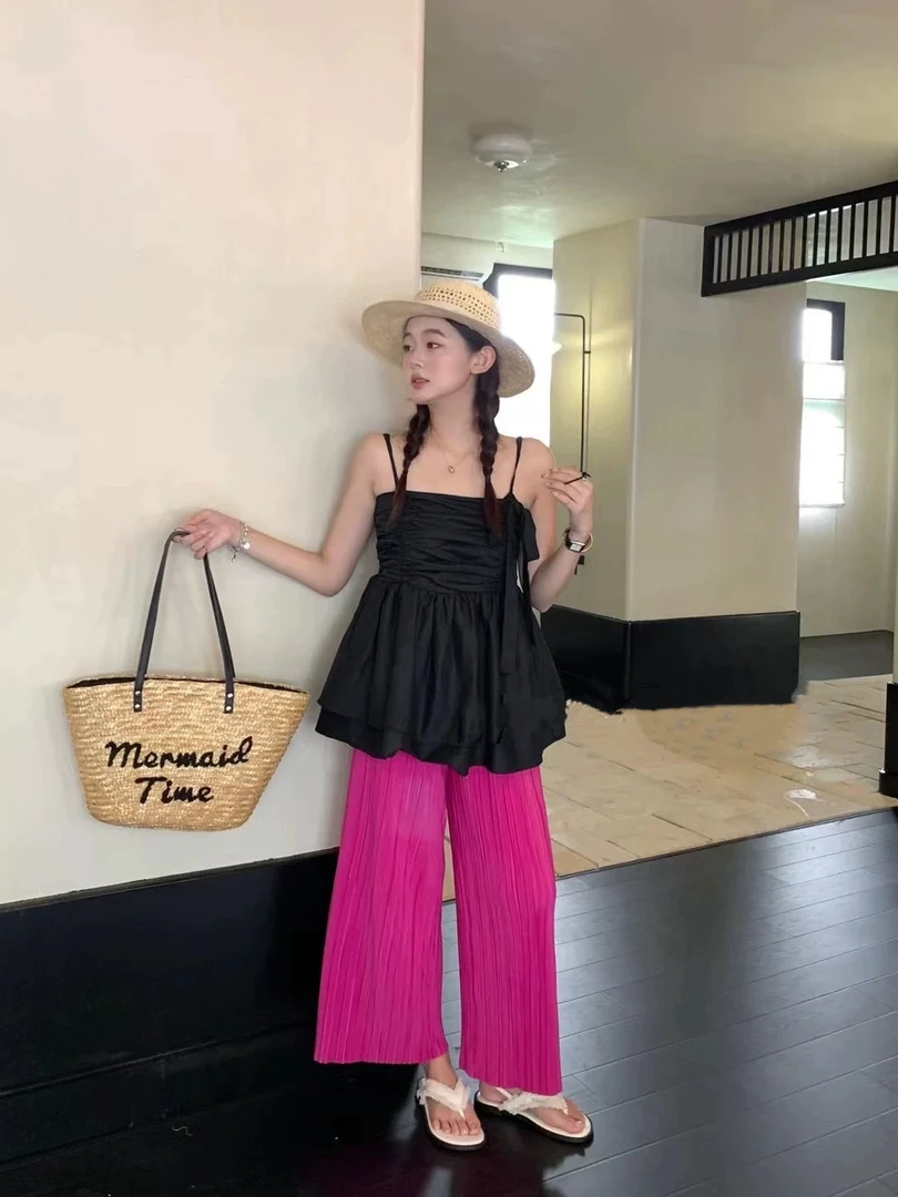 VaVa家：大码女装「凉凉裤」夏季树莓粉压褶冰丝显瘦直筒阔腿九分裤