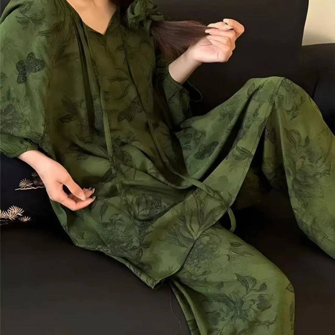 【墨色生】家居服套装碎花提花睡衣长袖国风家居服中式绿色透气