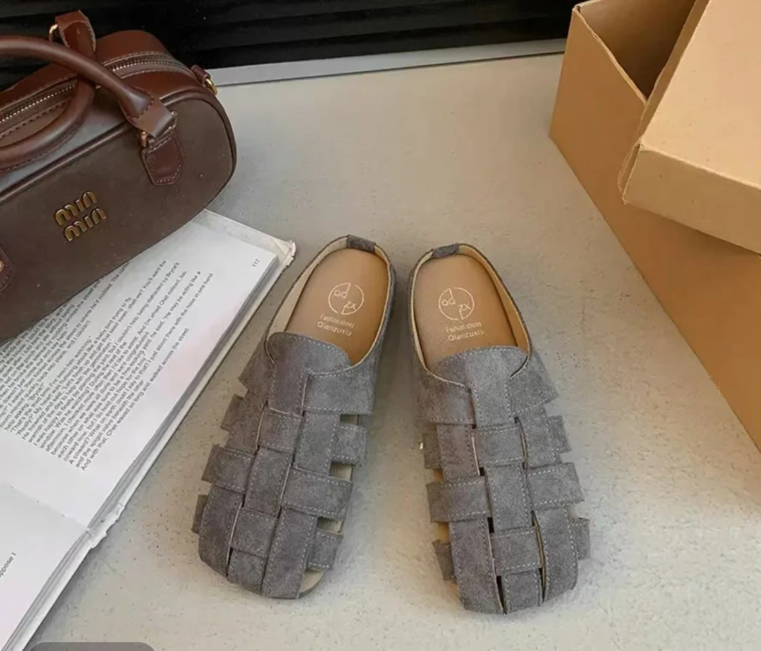 9999编制猪笼拖鞋软底包头半托