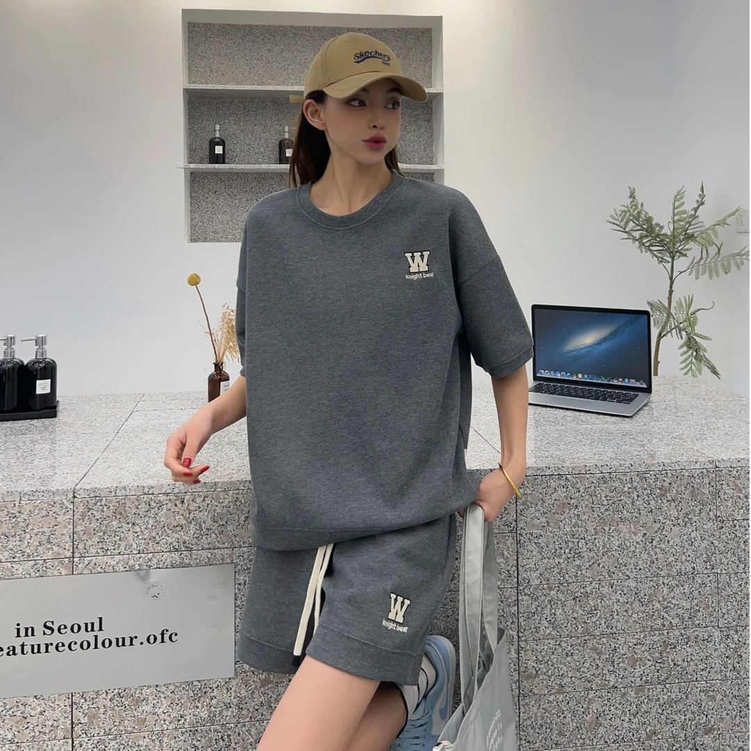 T107夏季新款时尚潮流百搭韩版刺绣字母W短袖短裤女士套装25-89