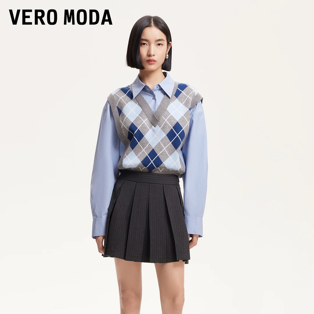 Vero Moda半身裙小众洋气女装条纹学院风箱褶百褶短裙325116034