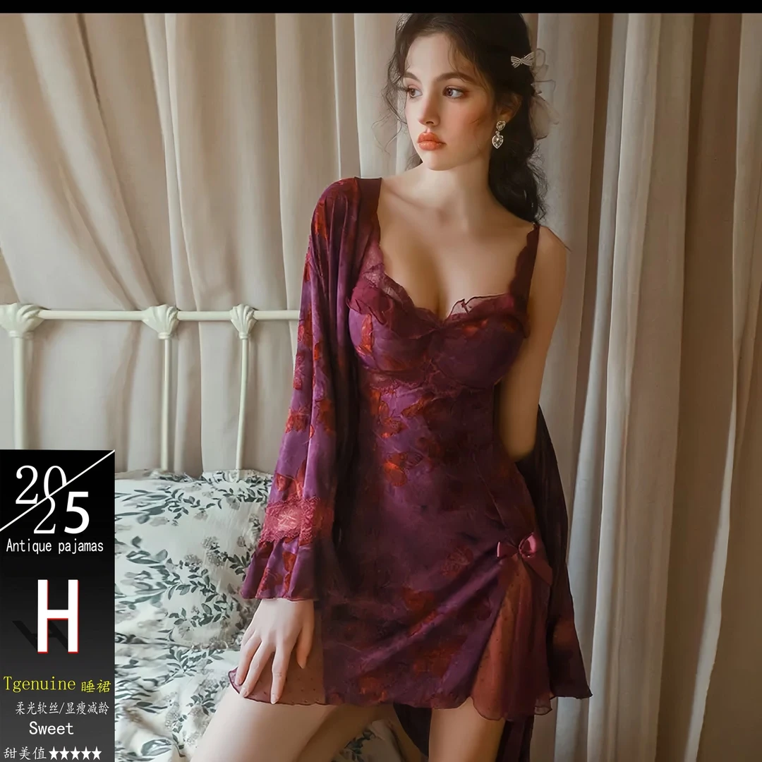 ins紫色性感蕾丝大码睡裙吊带裙V领睡衣女2025新款带胸垫家居服