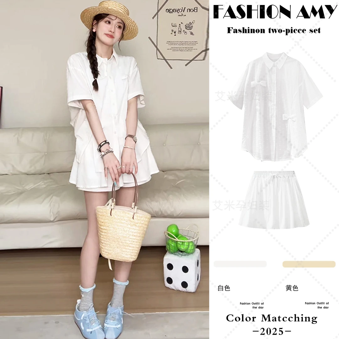 孕妇套装夏装新款时尚韩版气质肌理感泡泡棉蝴蝶结衬衫显瘦短裙裤