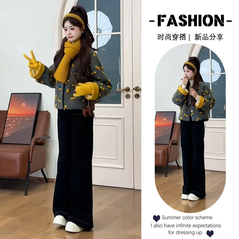 入秋一整套女装2024新款韩版立体小樱桃外套显瘦百搭休闲裤两件套