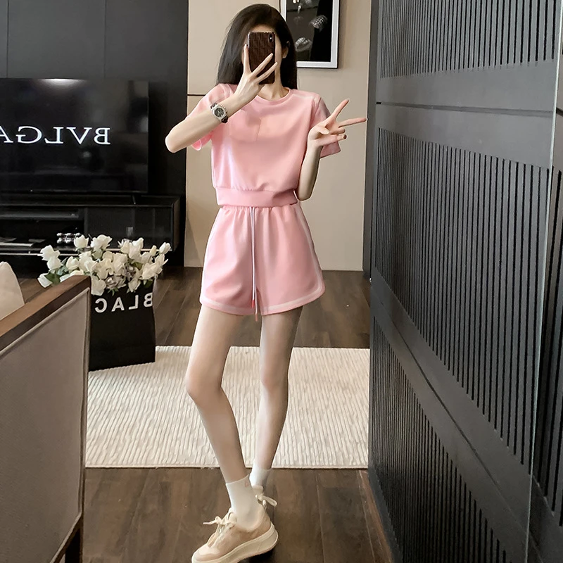 网红粉色休闲运动套装女夏季洋气炸街减龄短袖短裤两件套潮