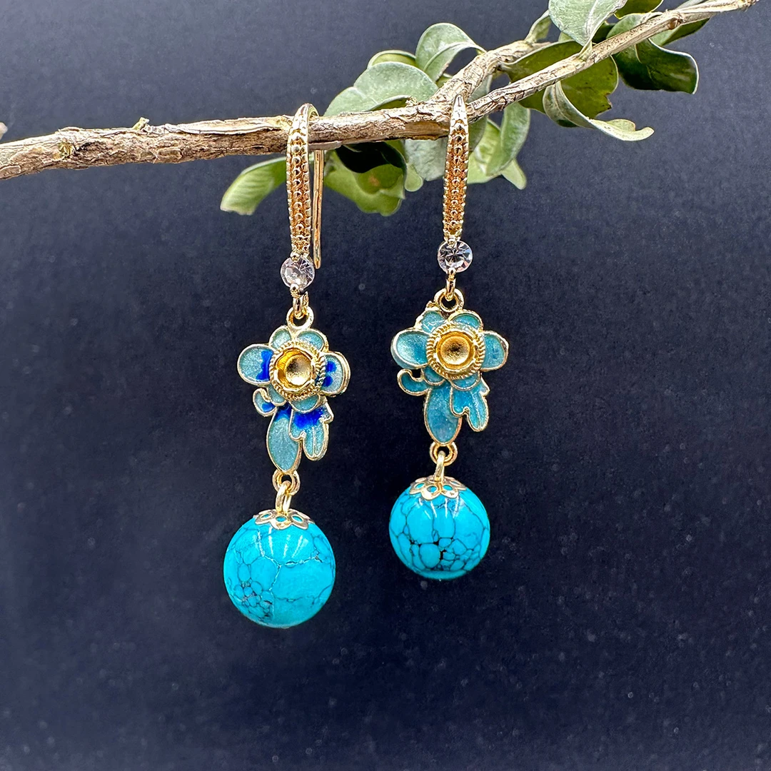 合金珐琅耳饰 原创设计耳环A98蓝色耳坠10mm小珠景泰蓝工艺耳饰