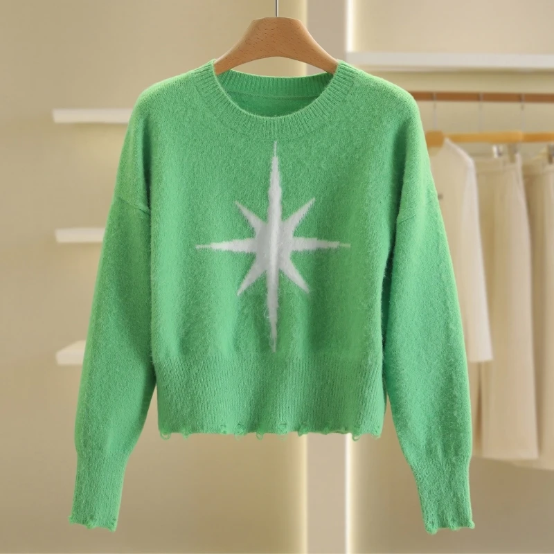 【伍莎-自营】拼色短款圆领套头加厚毛衣#BLX48M025