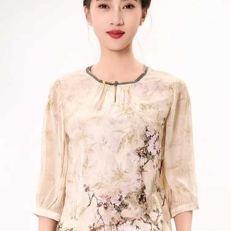 老美华夏季女士新中式人丝混纺舒适透气卡其色衬衫432206020