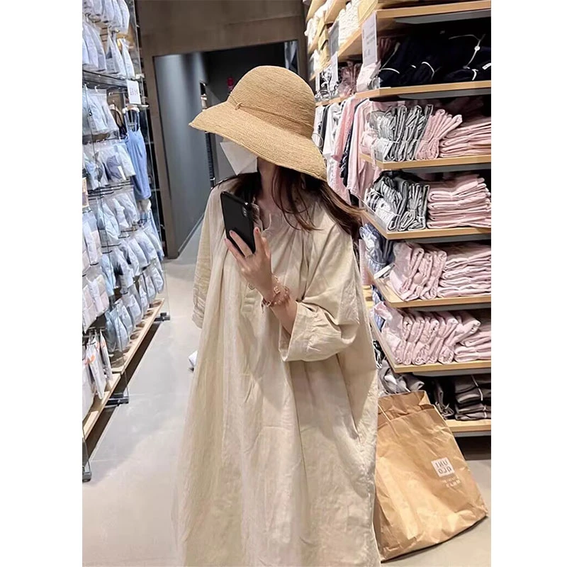 大码日系复古亚麻七分袖圆领连衣裙女胖MM夏季新款宽松休闲长裙子