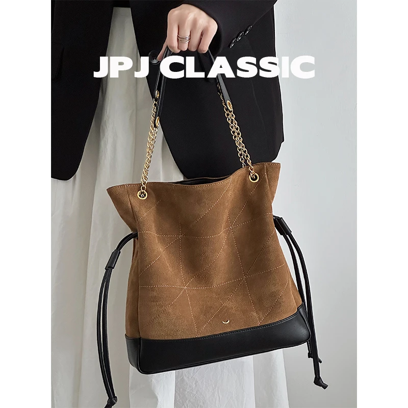 jpj磨砂牛皮水桶包垃圾袋女小香风菱格链条单肩斜挎通勤包1878
