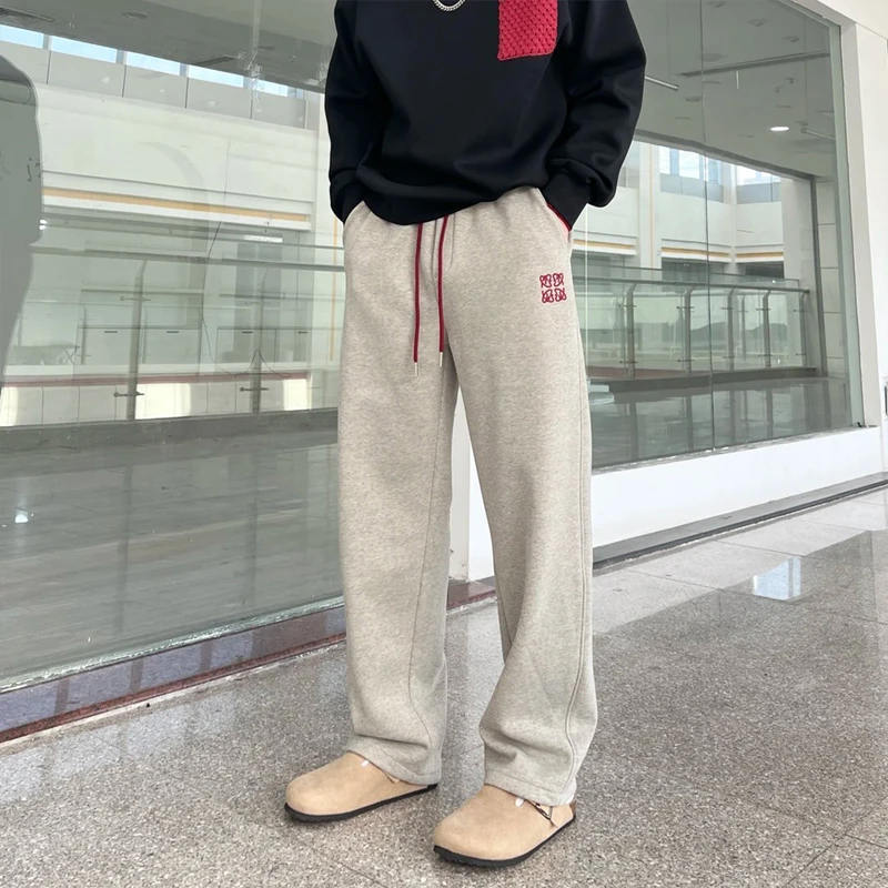 秋季新款卫裤男士绣花直筒裤垂感宽松大码休闲重磅长裤男阔腿裤