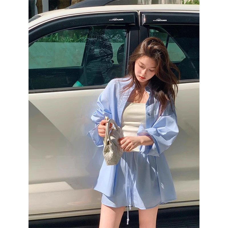 梅子熟了松弛感欧若风宽松廓形衬衫套装女春直筒显瘦短裤两件套