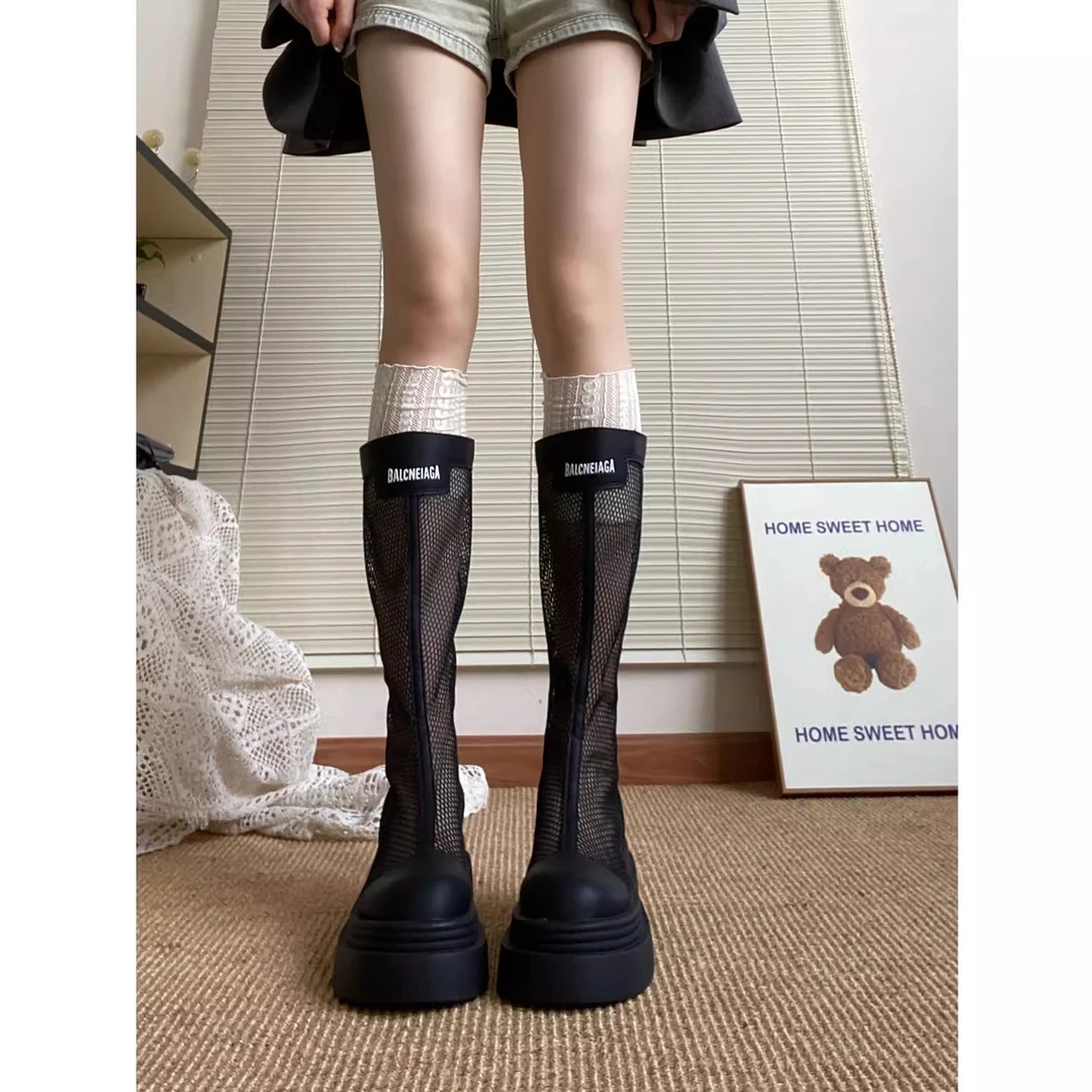 【万象撤柜】2025新款厚底小个子增高长筒靴镂空网靴薄款靴子夏凉靴