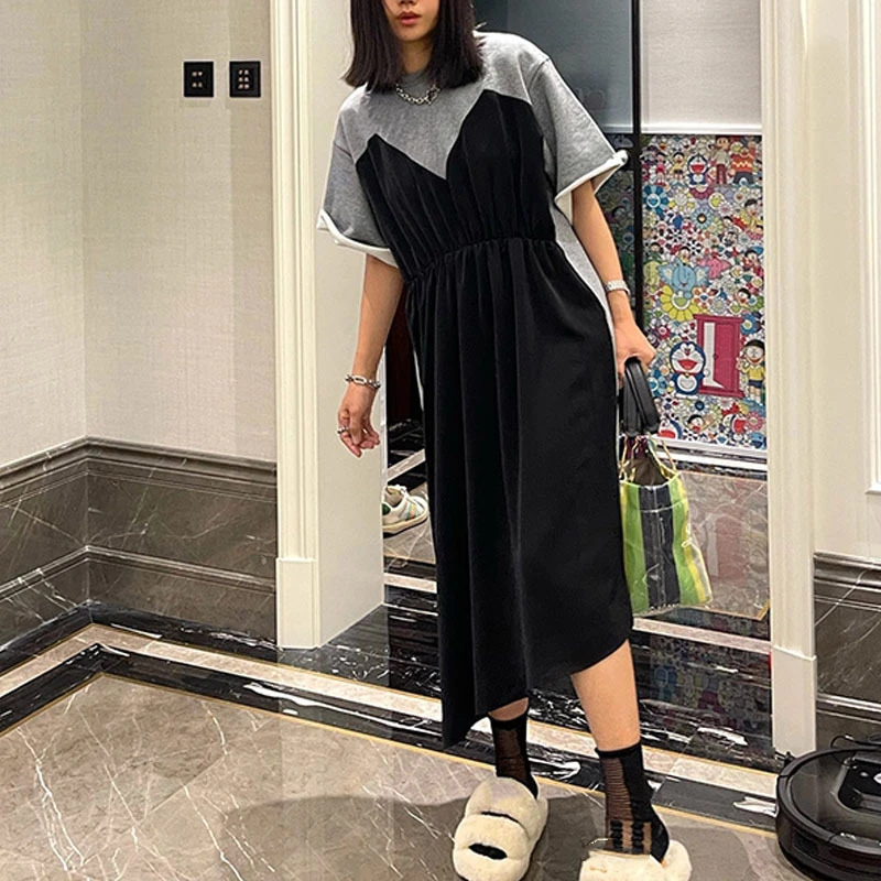 休闲连衣裙运动风拼接撞色长裙赫本风胖mm夏季小裙子简约别致女装