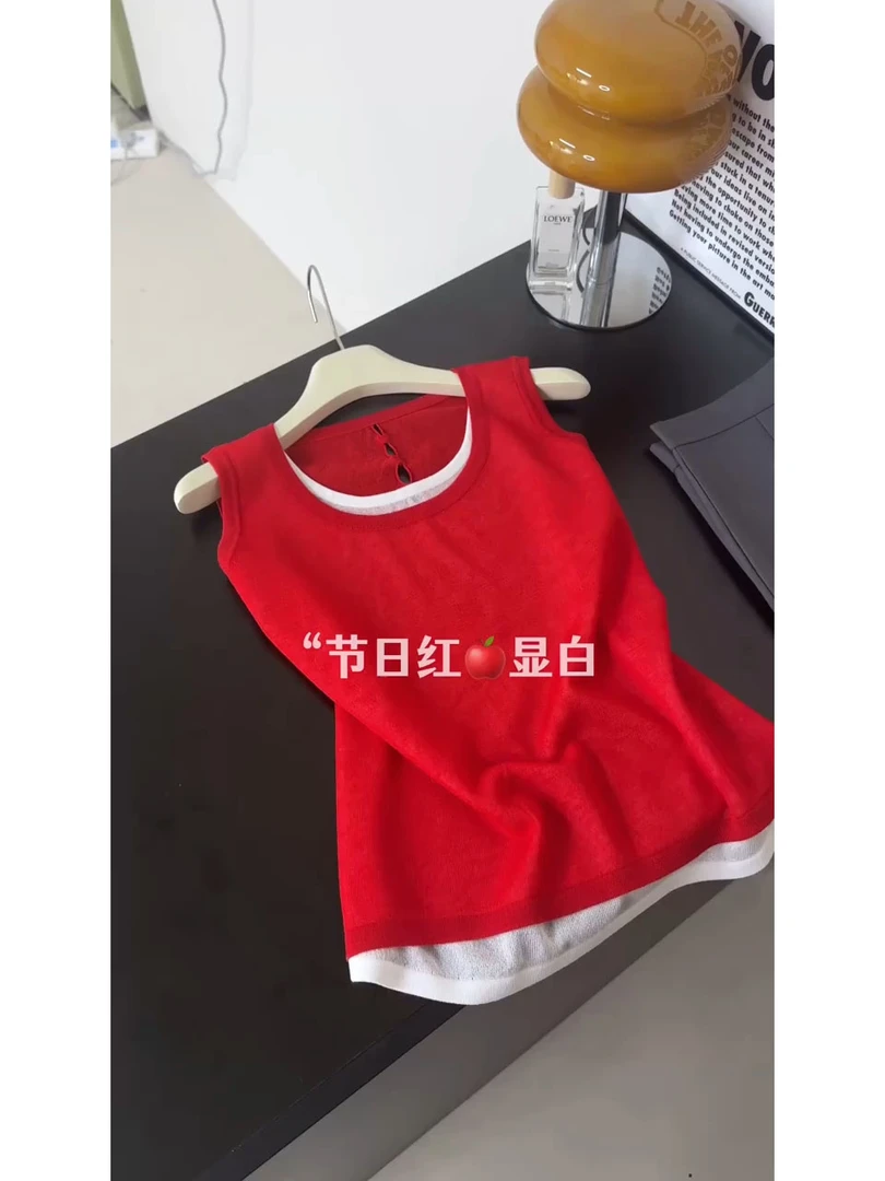 韩系显白假两件无袖背心女夏季小众设计微透修身拼色薄款外穿吊带