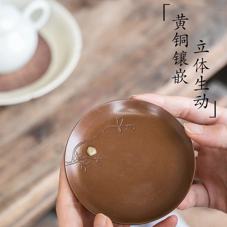 神雕铜艺纯铜茶托手工紫铜錾刻秋实茶杯垫隔热垫茶托（单片价格）