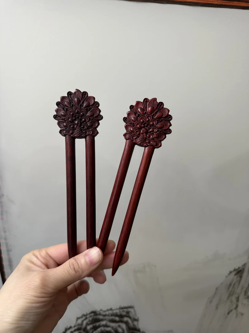 【孔雀】犀角紫檀木U型双钗古风感发簪双面雕刻