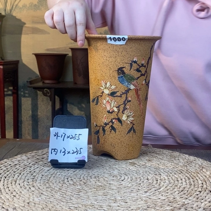 紫砂花盆  柴烧绶带鸟彩绘直筒1680