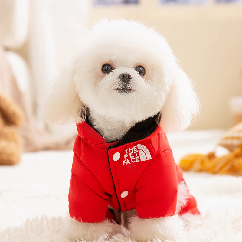 秋冬季狗狗新年红色保暖撞色连帽四脚棉衣防风抗寒猫咪宠物狗衣服