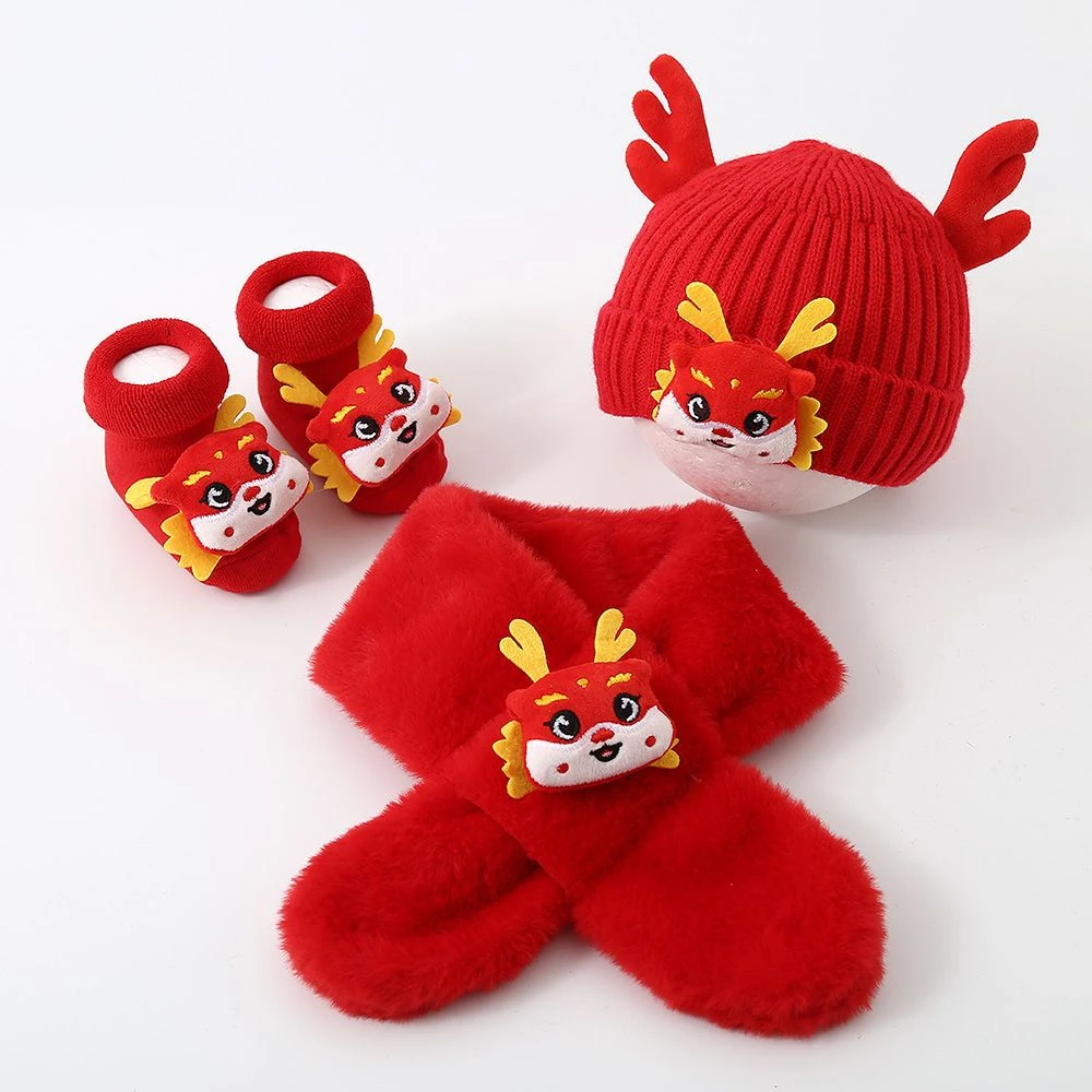 新年婴儿帽子秋冬新款儿童保暖醒狮针织毛线帽男女童红色宝宝喜庆
