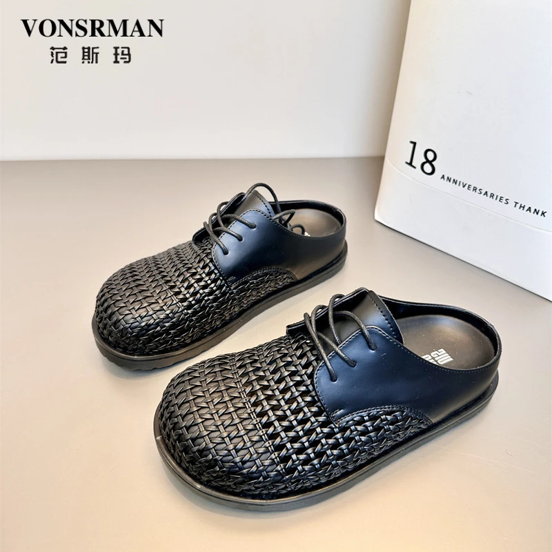 范斯玛推荐2025夏季镂空透气包头拖鞋女编织猪笼鞋厚底沙滩凉鞋