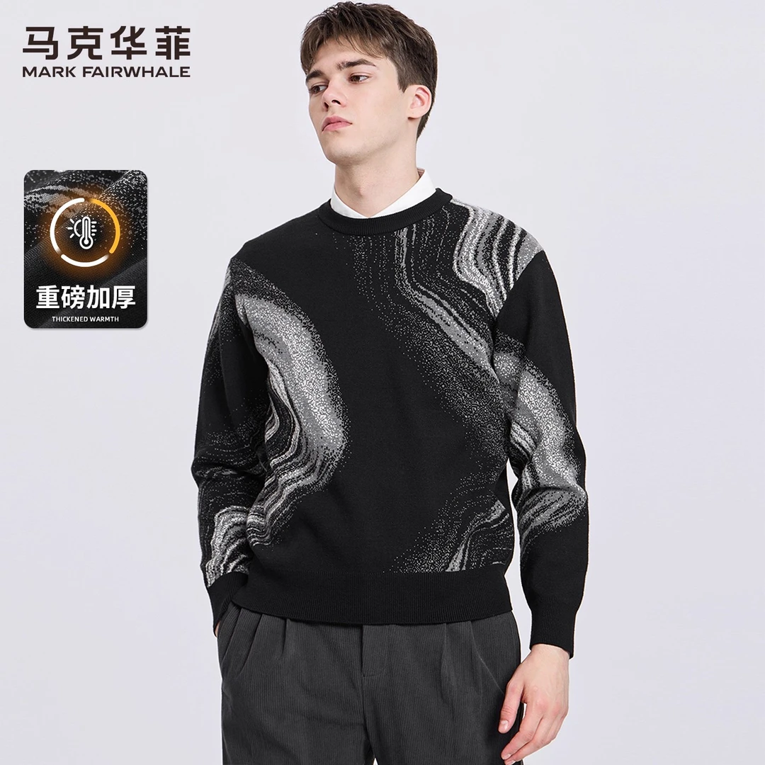 【波点提花】马克华菲潮流圆领毛衣男2025冬季新款弹力休闲长袖上衣