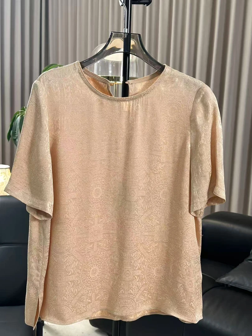 【柳青女装】2025夏季新款圆领常规短袖提花极简风T恤新中式