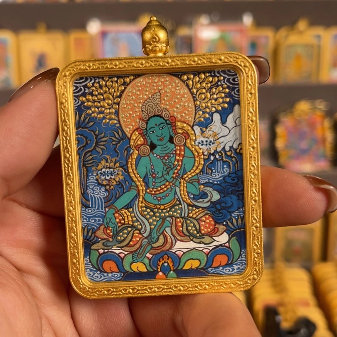 吊坠绿度母青海热贡唐卡