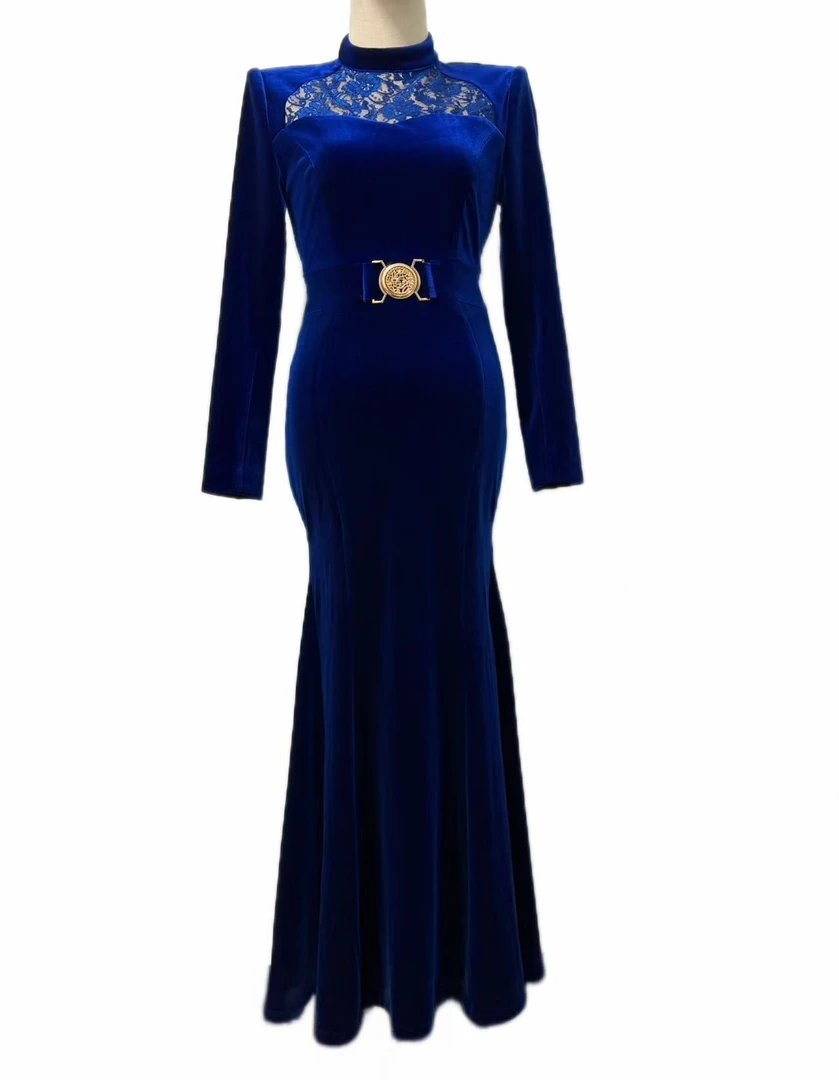 LARISSA高级气质修身蕾丝款丝绒宝石蓝包臀鱼尾裙