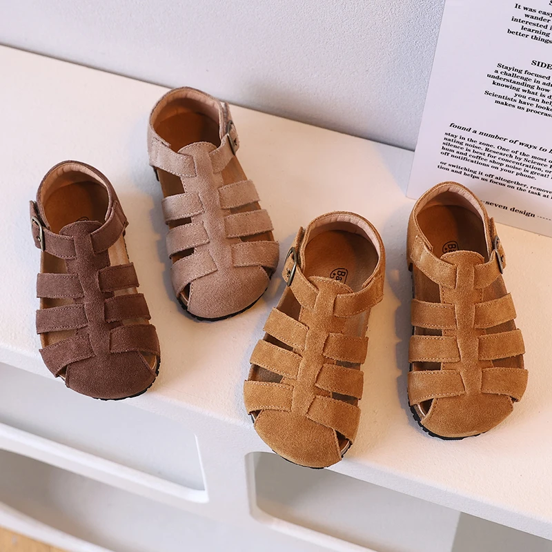 真皮男女童勃肯鞋2025夏季编织镂空宝宝鞋防滑罗马风儿童沙滩凉鞋