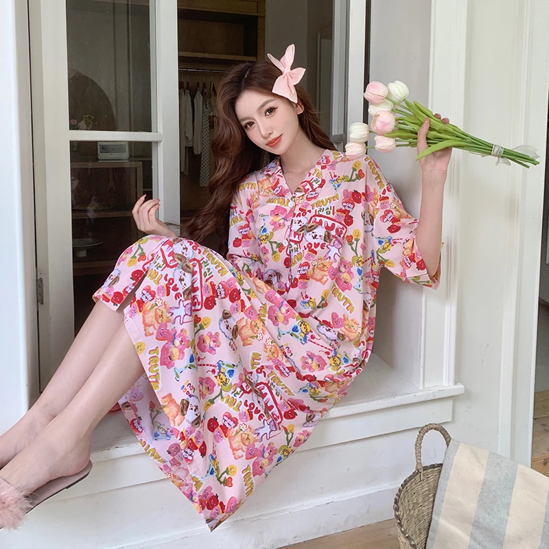 [卡通小熊睡裙]春夏宽松绵绸睡衣女甜美家居服睡裙大码睡衣