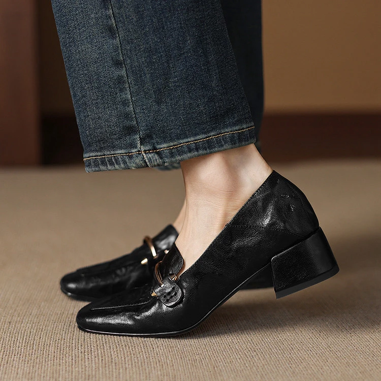 里外纯皮～头层羊皮4cm方头中跟舒适百搭女气质单鞋乐福鞋韩版粗跟