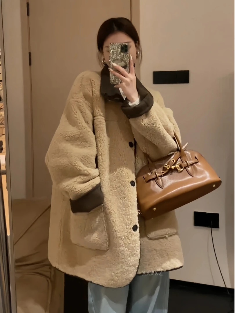 大码韩国女装秋季新款胖mm复古气质百搭实现双面穿加厚毛绒外套