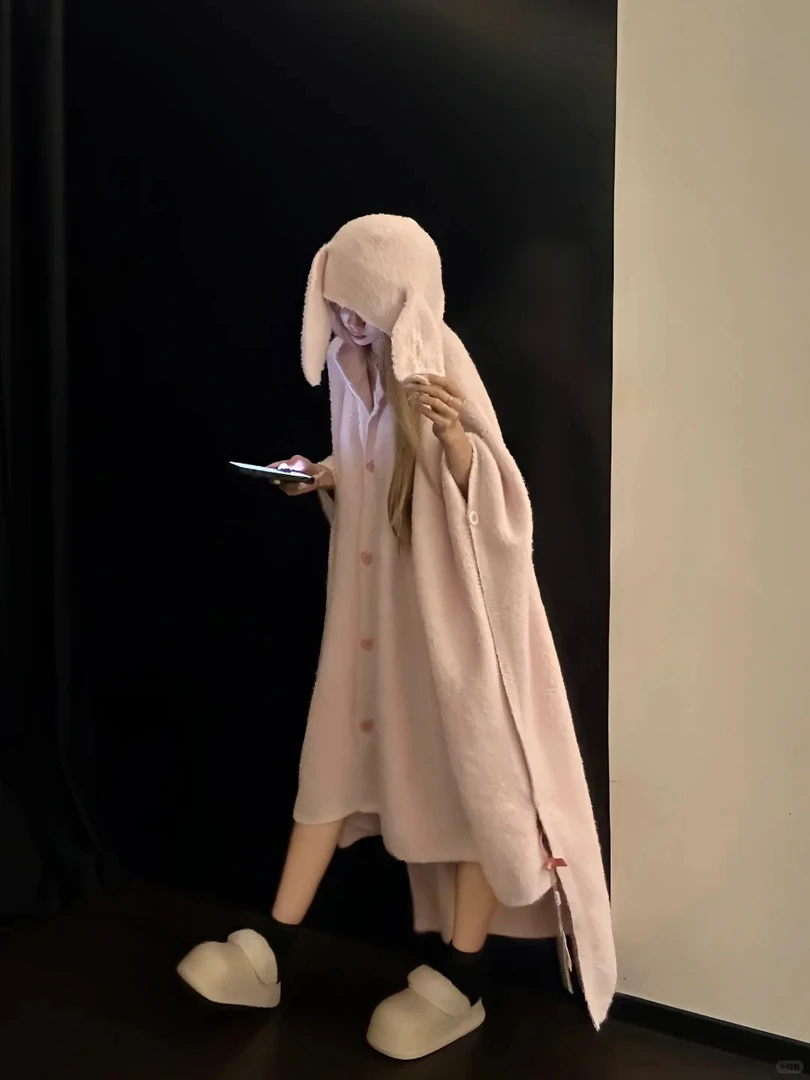 甜美可爱粉色兔耳朵连帽半边绒睡袍秋冬女款大码家居服睡衣可外穿