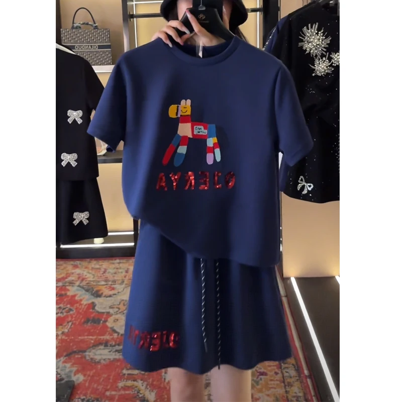 8464洋气刺绣七彩小马2025夏季新款短袖T恤百搭显瘦裙裤两件套潮