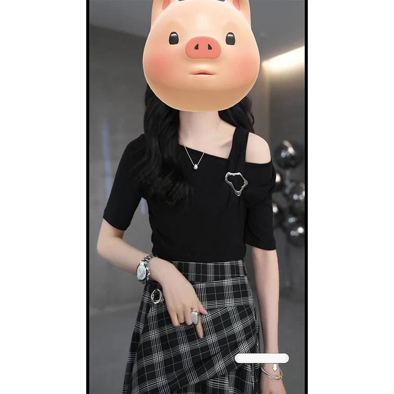 香朵儿韩版露肩短袖T恤女2025年夏季新款手工捏褶针织百搭上衣潮