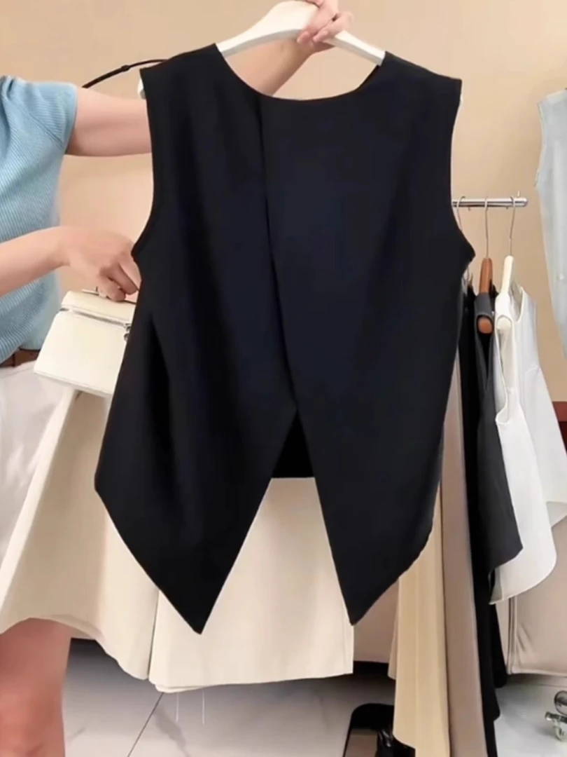 高级感法式时髦通勤黑色衬衣女设计师剪裁背后开叉无袖衬衫背心