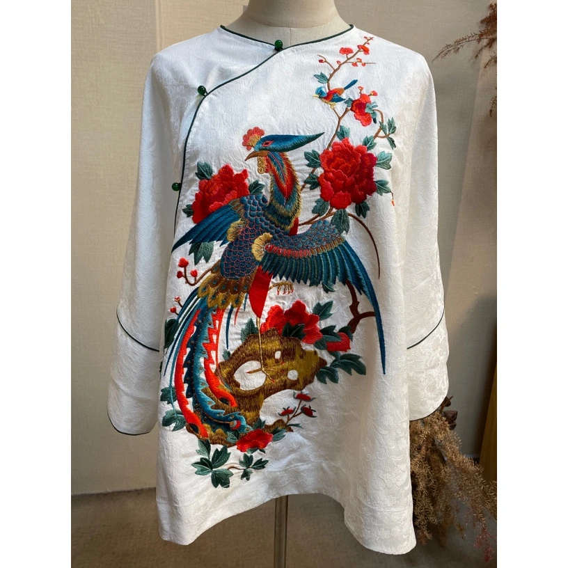 凤徕兮私人定制白色暗纹底彩凤刺绣斜襟盘扣上衣LS128-8