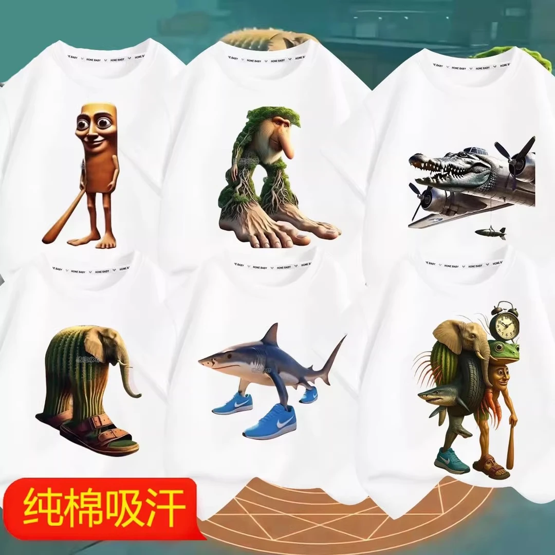 木棍人上衣服儿童男女童2025新款美国山海经抽象鲨鱼纯棉短袖t恤